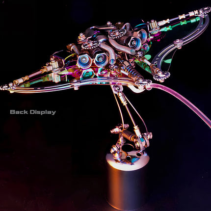 Back display of a sophisticated metal model kit flying creature, an engaging metallic 3D puzzle / maquette en métal with transparent iridescent wings.