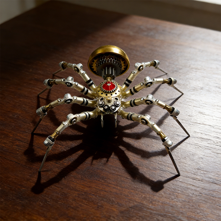  Intricate `steampunk puzzle` spider `metal model` on a wooden surface, highlighting its `mechanical steampunk` design with gears and articulated legs, a challenging `3D puzzle` from `metal kits`.