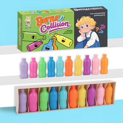 Tablefunny Bottle Collision game set featuring 12 vibrant, soft plastic bottles neatly organized in a wooden stand, paired with a fun blind guessing game box for interactive family entertainment and sensory play