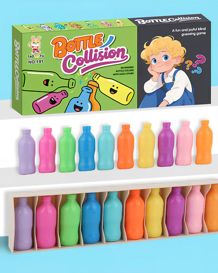 Tablefunny Bottle Collision game set featuring 12 vibrant, soft plastic bottles neatly organized in a wooden stand, paired with a fun blind guessing game box for interactive family entertainment and sensory play