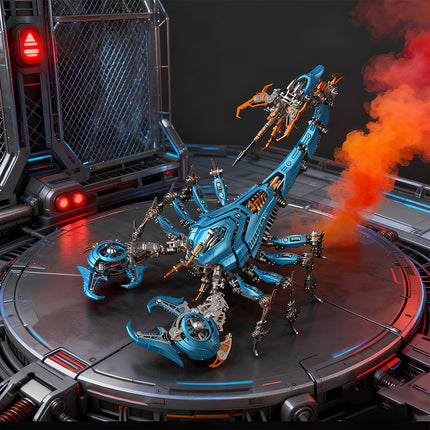 Dynamic blue and orange mechanical scorpion metal model on a futuristic platform with red smoke. This advanced DIY 3D puzzle from our Metal Kits collection makes a captivating and funny table display for sci-fi and robotics enthusiasts.