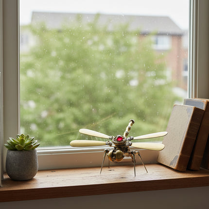  Steampunk dragonfly 3D puzzle metal kit displayed on a rustic wooden windowsill, next to a small succulent and vintage books, with a lush green outdoor background. This mechanical steampunk model adds charm to any space.