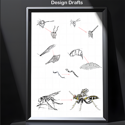 It breaks down the wasp into individual components (head, antennae, wings, abdomen, limbs, etc.), with each part undergoing iterative design—from initial sketches to detailed structural planning.
The drafts highlight the integration of bionic principles and mechanical art: while referencing the anatomical features of real wasps, they incorporate mechanical elements like gears and segmented structures, laying the foundation for the final product’s lifelike appearance and industrial charm.