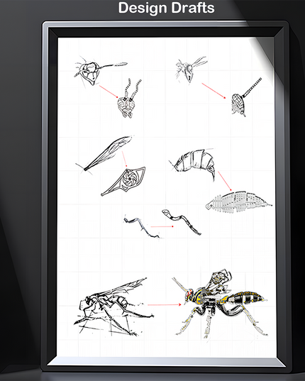 It breaks down the wasp into individual components (head, antennae, wings, abdomen, limbs, etc.), with each part undergoing iterative design—from initial sketches to detailed structural planning.
The drafts highlight the integration of bionic principles and mechanical art: while referencing the anatomical features of real wasps, they incorporate mechanical elements like gears and segmented structures, laying the foundation for the final product’s lifelike appearance and industrial charm.