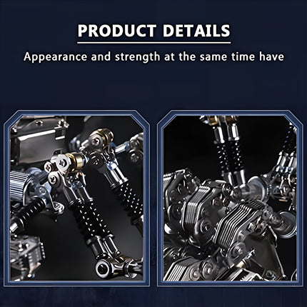  "PRODUCT DETAILS" of a mechanical scorpion metal model kit, focusing on its robust "Appearance and strength" through close-ups of its metallic legs and body construction. This metallic 3D puzzle emphasizes durability.