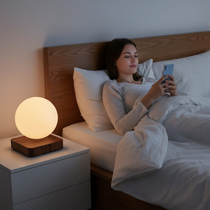 The magnetic levitation moon lamp emits a soft, warm glow atop its wooden base, placed beside a woman using her phone in a cozy bedroom