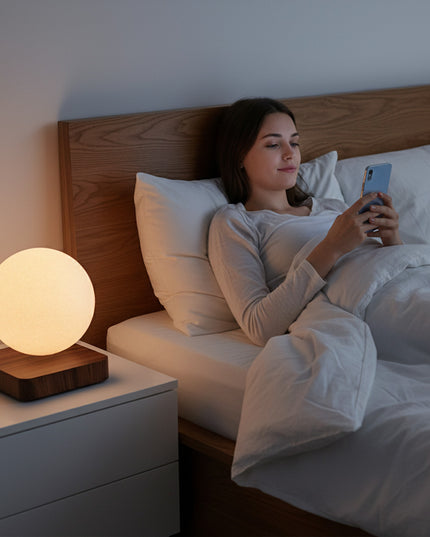 The magnetic levitation moon lamp emits a soft, warm glow atop its wooden base, placed beside a woman using her phone in a cozy bedroom