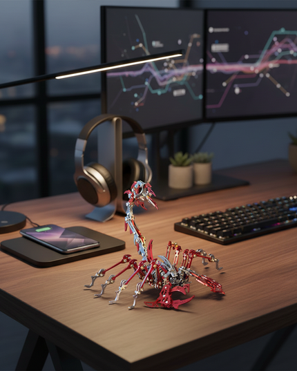 A unique red and silver DIY 3D puzzle Metal Kits scorpion metal model meticulously displayed on a modern desk, illuminated by a task lamp, with dual monitors in the background. This intricate metal model makes an intriguing funny table ornament or a conversation starter for any workspace