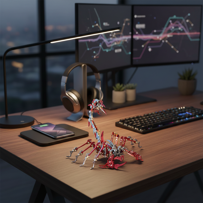 A unique red and silver DIY 3D puzzle Metal Kits scorpion metal model meticulously displayed on a modern desk, illuminated by a task lamp, with dual monitors in the background. This intricate metal model makes an intriguing funny table ornament or a conversation starter for any workspace