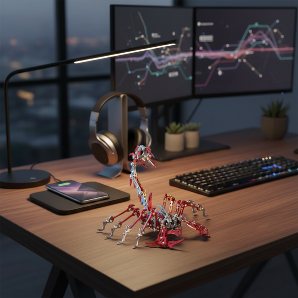 A unique red and silver DIY 3D puzzle Metal Kits scorpion metal model meticulously displayed on a modern desk, illuminated by a task lamp, with dual monitors in the background. This intricate metal model makes an intriguing funny table ornament or a conversation starter for any workspace