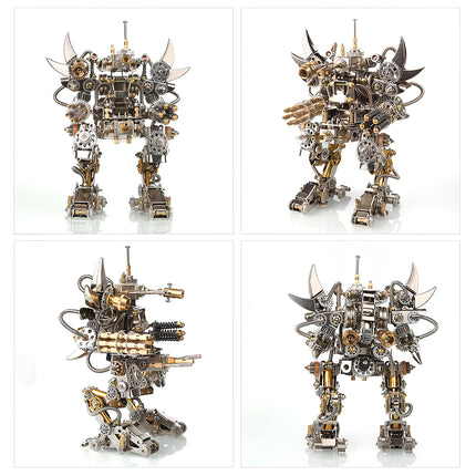 Comprehensive multi-view display of a mechanical steampunk robot Taurus metal model 3D puzzle Metal Kit, featuring full front, side, and dynamic angles. It highlights the intricate chrome and brass components, exposed gears, powerful armaments, and distinctive bull horns. This highly detailed steam punk mech offers a challenging and rewarding steampunk puzzle experience.