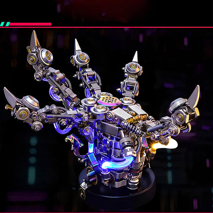  Illuminated mechanical steampunk dragon claw lamp metal model 3D puzzle Metal Kit, showcasing its impressive chrome and brass structure with intricate gears, springs, and a vibrant glowing blue translucent tube. This functional steam punk mech lamp also serves as a captivating steampunk puzzle display piece.