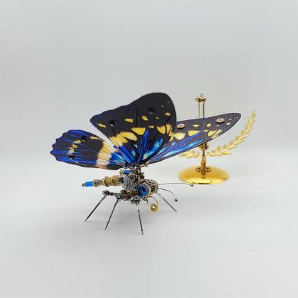 Vibrant 3D puzzle metal model of blue swallowtail-style mechanical butterfly - diy craft kit with satisfying building fun, finished as striking funny table ornament with colorful wings & gear details, perfect for lively decor setups