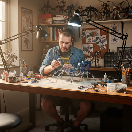 A man deeply engrossed in assembling a large, intricate metallic spider model with iridescent accents, at a well-lit workbench filled with tools, paints, and other models. This immersive DIY project highlights the creativity fostered by our 3D puzzle metal kits, resulting in a stunning metal model that makes a fascinating and funny table centerpiece