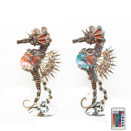 Two Steampunk Seahorse **metal model kits** shown with a remote control, highlighting orange and blue color-changing planet lamps.