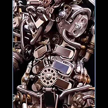 Steampunk mechanical torso 3D puzzle metal kit - close-up of DIY metal model with interlocking brass gears, polished steel plates, and intricate metallic components, an industrial-style desk accent