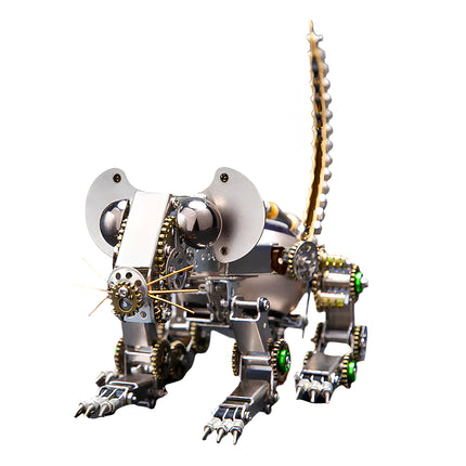 A charming steampunk mechanical mouse, an intricate metal model kit, featuring large ears, tiny whiskers, and a segmented tail, perfect as a metallic 3D puzzle.