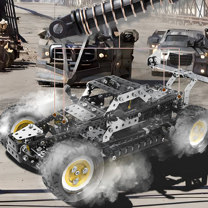 A challenging steampunk puzzle of a desert racer, featuring precision suspension components for a realistic metal model build.