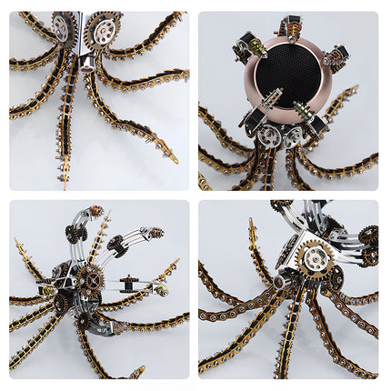 Multi-angle collage of a steampunk mechanical octopus metal model, showcasing intricate gear details of this DIY 3D puzzle. A premium addition to the Tablefunny metal kits collection for creative funny table decor.