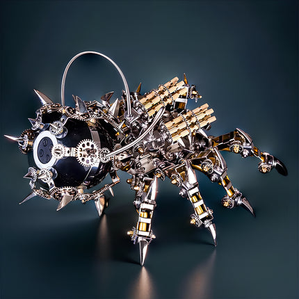 Side view of a menacing mechanical steampunk spider metal model with multiple weapons and a complex body, an imposing steam punk mech, challenging to assemble from 3D puzzle Metal Kits.