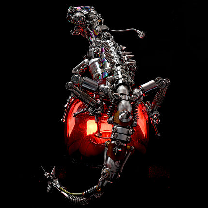  Steampunk mechanical lizard metal model with glowing red base, an impressive 3D puzzle for collectors of mechanical steampunk art.