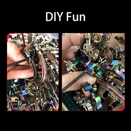 DIY Fun" in assembling a mechanical dragon metal model kit, showing hands working on the intricate parts and colorful metallic puzzle pieces. This 3D metallic puzzle provides an engaging building experience.
