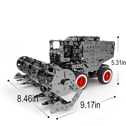 Detailed mechanical steampunk harvester with red wheel rims, a unique industrial steampunk puzzle for collectors.