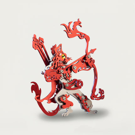 Red mythical archer 3D puzzle Metal Kits - DIY assembled funny table metal model, offering fun and challenging assembly, striking red design, and elaborate metal craftsmanship for distinctive desktop decoration
