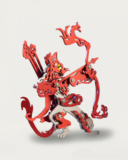 Red mythical archer 3D puzzle Metal Kits - DIY assembled funny table metal model, offering fun and challenging assembly, striking red design, and elaborate metal craftsmanship for distinctive desktop decoration