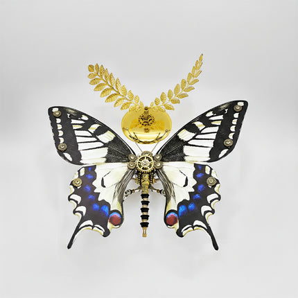 A steampunk puzzle, a magnificent mechanical swallowtail butterfly with intricate black, white, and blue patterned wings, showcased majestically above a golden stand with elegant laurel details. This symmetrical metal model highlights the profound mechanical steampunk design, making it an impressive 3D puzzle Metal Kit for hobbyists or a captivating steampunk mech display piece that embodies intricate beauty and advanced engineering from above.