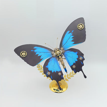 Bold 3D puzzle metal model of mechanical butterfly - diy craft kit with rewarding assembly fun, finished as eye-catching funny table ornament with black-blue wings & gear embellishments, perfect for edgy decor setups