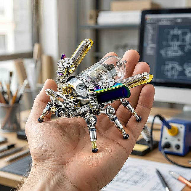 A hand holding a vibrant, completed metal insect 3d puzzle, showcasing its detailed construction and colorful accents in a workshop environment. This impressive metal model is a testament to the DIY metal kits craftsmanship.
