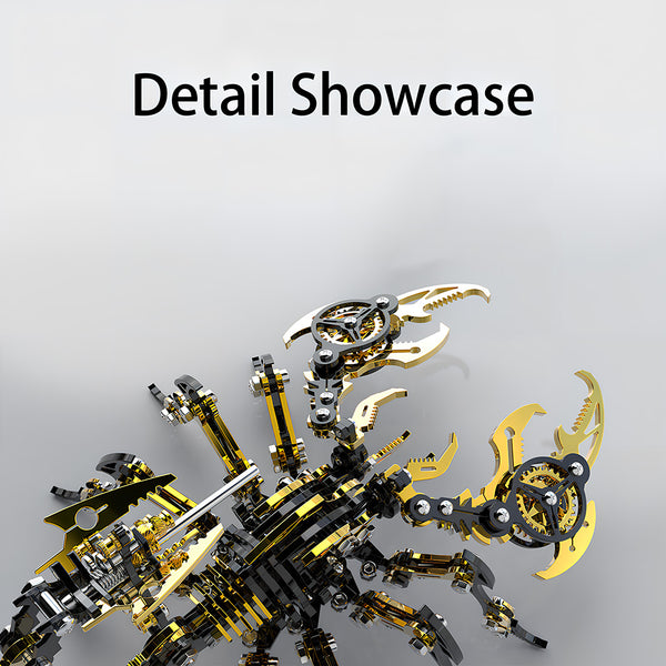 Detail Showcase of a luxurious gold and black mechanical scorpion metal model, highlighting its intricate claws, segmented body, and detailed gears. This DIY 3D puzzle reveals the high-end engineering of the Metal Kits, making a magnificent funny table display.