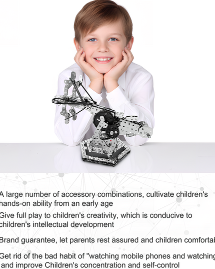 Smiling child proudly displaying a completed DIY metal model crossbow on a funny table, illustrating the educational benefits of these 3D puzzle Metal Kits, including developing hands-on ability, creativity, and improving concentration