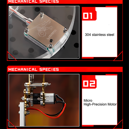 This is a material and core component specification diagram for a mechanical model. Such designs demonstrate the model's professionalism in material selection and power systems, ensuring product quality while delivering an accurate mechanical linkage experience for users.