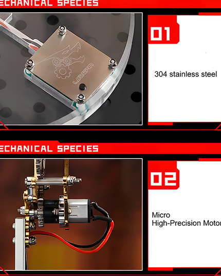This is a material and core component specification diagram for a mechanical model. Such designs demonstrate the model's professionalism in material selection and power systems, ensuring product quality while delivering an accurate mechanical linkage experience for users.
