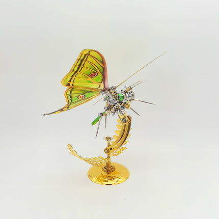 Funny table accent - finished DIY 3D puzzle metal model (emerald green steampunk moth) from metal kits, decorative mechanical insect with golden leaf stand