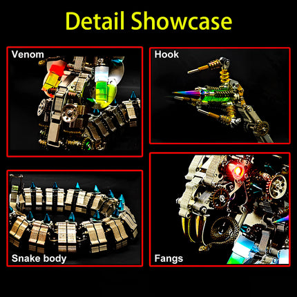 Detail showcase of a mechanical cobra metal model kit, highlighting "Venom" (glowing parts), "Hook" (tail mechanism), "Snake body" (articulated metallic puzzle segments), and "Fangs" (head details). This intricate 3D metallic puzzle has many unique features.
