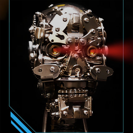 Cyber-sci-fi DIY 3D puzzle metal model: Mechanical head with glowing eyes & red laser effect, a funny table decor for tech-themed showcase