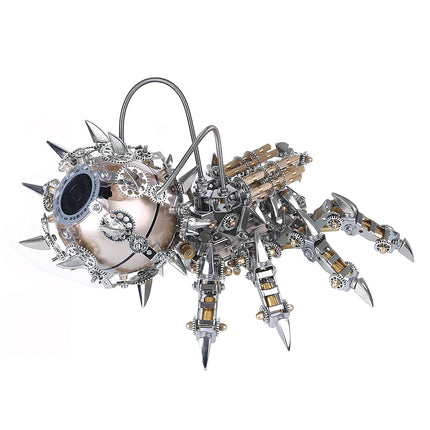 Side view of an armored mechanical steampunk spider metal model 3D puzzle Metal Kit, showcasing its polished chrome and brass components, intricate gears, spiky carapace, and a formidable mounted Gatling-style weapon. This complex steam punk mech is a challenging and highly detailed steampunk puzzle.