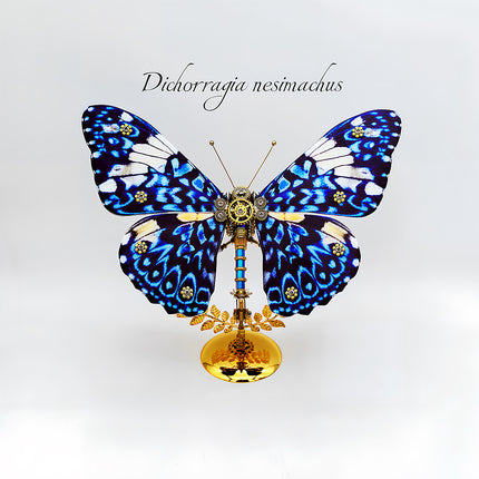 Realistic 3D puzzle metal model of Dichorragia nesimachus butterfly - diy craft kit with rewarding assembly fun, finished as elegant funny table ornament with vivid blue-white wings & ornate gear centerpiece, ideal for nature-inspired decor