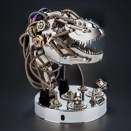  Intimidating mechanical steampunk T-Rex head metal model on a circular base, featuring exposed gears, springs, and wiring, a formidable 3D puzzle from Metal Kits for steam punk mech enthusiasts.