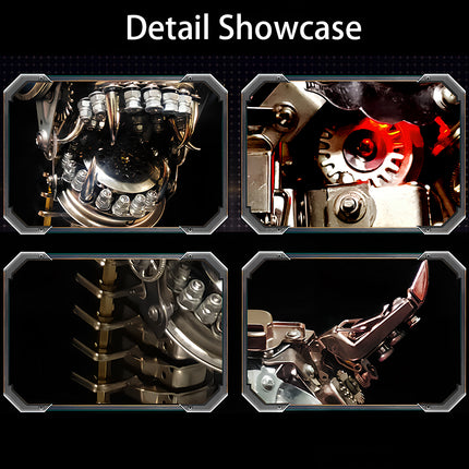 Close-up details of assembled mechanical 3D puzzle metal kit: Intricate parts like spiked components & gear structures, ideal for craft enthusiasts