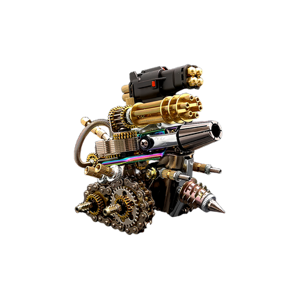 tablefunny DIY metal assembly mechanical turret-tank desk model with chain-drive gear wheels, multi-barrel Gatling cannon, braided cables and spiked drill attachment