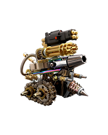 tablefunny DIY metal assembly mechanical turret-tank desk model with chain-drive gear wheels, multi-barrel Gatling cannon, braided cables and spiked drill attachment