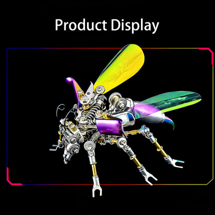  Product display of a vibrant steampunk hornet mech metal model, a colorful 3D puzzle metal kit showcasing mechanical steampunk design.