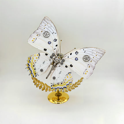 Elegant steampunk white-yellow mechanical butterfly DIY 3D puzzle metal kits - delightful hands-on assembly craft with delicate wing patterns, finished as refined funny table decor for bedrooms/study rooms, featuring gear embellishments & glossy gradient accents