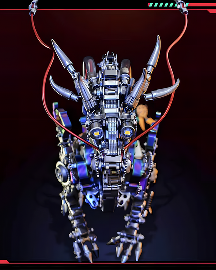 Close-up of an intricate metallic dragon head, featuring exposed gears, pipes, and luminous eyes, presented within a high-tech frame. This challenging DIY metal model is part of our advanced 3D puzzle metal kits, creating an impressive and funny table display
