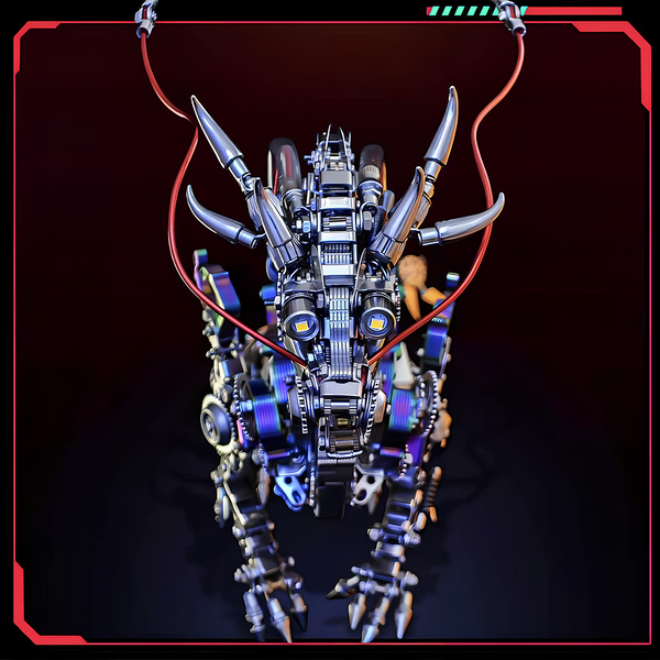 Close-up of an intricate metallic dragon head, featuring exposed gears, pipes, and luminous eyes, presented within a high-tech frame. This challenging DIY metal model is part of our advanced 3D puzzle metal kits, creating an impressive and funny table display