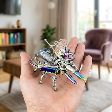 A hand gently holding a finished, colorful metal insect 3d puzzle, showcasing its intricate design against a softly blurred modern living room background. This unique metal model makes for a funny table decoration.